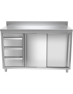 Commercial Worktop Floor Cupboard 3 drawers Left 2 sliding doors Stainless steel Width 1600mm Depth 600mm Upstand | DA-THASR166L