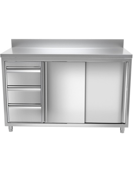Commercial Worktop Floor Cupboard 3 drawers Left 2 sliding doors Stainless steel Width 1600mm Depth 600mm Upstand | DA-THASR166L