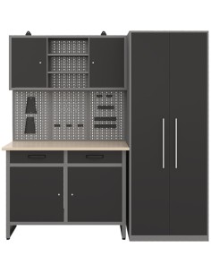 Garage Workstation Set - with Wooden Desktop, 5 Drawers, 2 Cupboards, and 1 Cabinet, 2100x600x2050 | Stalwart DA-TC117