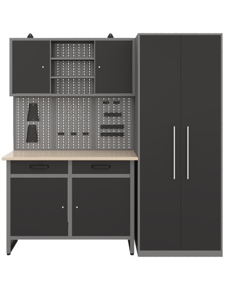 Garage Workstation Set - with Wooden Desktop, 5 Drawers, 2 Cupboards, and 1 Cabinet, 2100x600x2050 | Stalwart DA-TC117