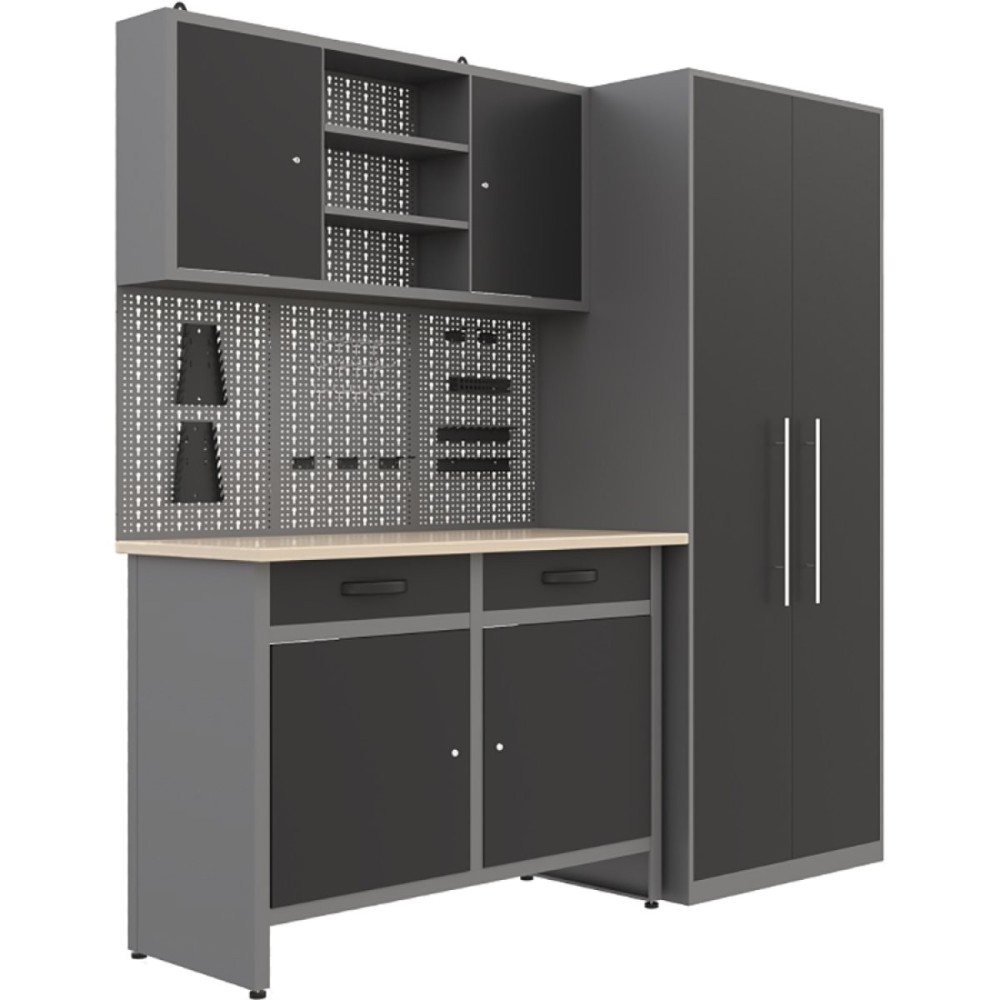 Garage Workstation Set - with Wooden Desktop, 5 Drawers, 2 Cupboards, and 1 Cabinet, 2100x600x2050 | Stalwart DA-TC117