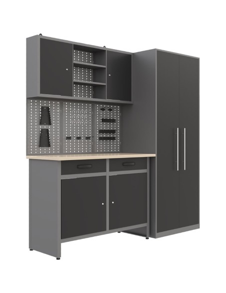 Garage Workstation Set - with Wooden Desktop, 5 Drawers, 2 Cupboards, and 1 Cabinet, 2100x600x2050 | Stalwart DA-TC117