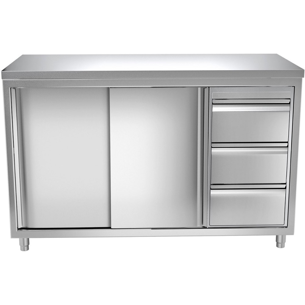 Commercial Worktop Floor Cupboard 3 drawers Right 2 sliding doors Stainless steel Width 1600x700x850mm | Stalwart DA-VTC167R3