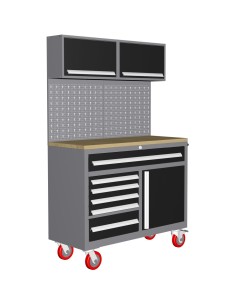 Garage Workstation Set -  with Wooden Desktop, 6 Drawers, 2 Top tool cabinets, and 1 lower cupboard, 1200x500x1870mm | Stalwart 
