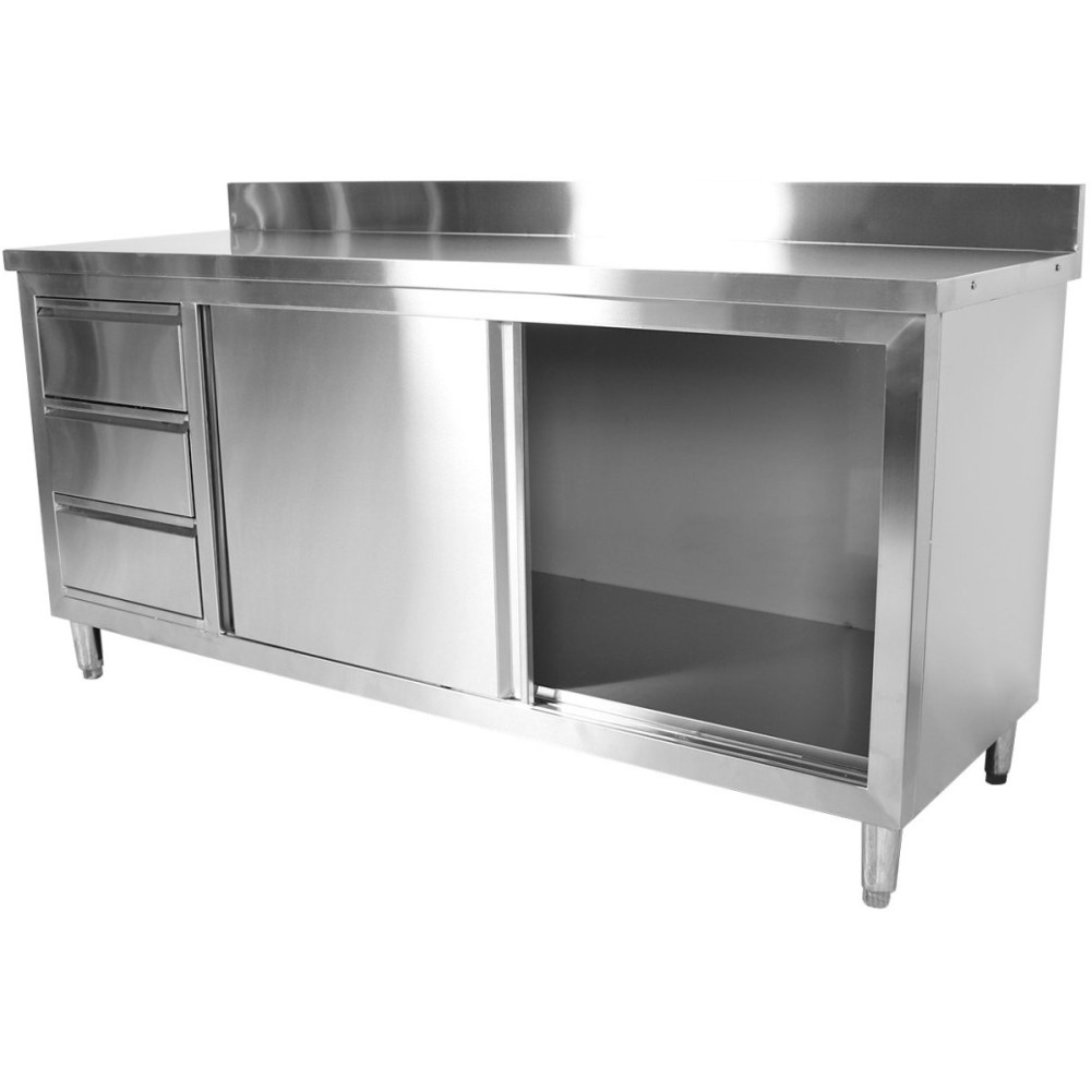 Commercial Worktop Floor Cupboard 3 drawers Left 2 sliding doors Stainless steel 1600x700x850mm Upstand | Stalwart DA-VTC167L3B