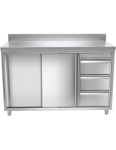 Commercial Worktop Bench and Cupboard 1.6mtr Wide 3 drawers and 2 sliding doors Stainless Steel with Upstand | DA-VTC166R