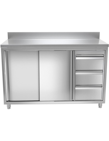 Commercial Worktop Bench and Cupboard 1.6mtr Wide 3 drawers and 2 sliding doors Stainless Steel with Upstand | DA-VTC166R
