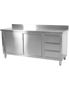 Commercial Worktop Floor Cupboard 3 drawers Right 2 sliding doors Stainless steel Width 1600mm Depth 700mm Upstand | DA-VTC167R3