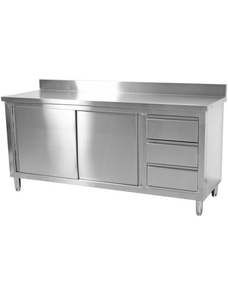 Commercial Worktop Floor Cupboard 3 drawers Right 2 sliding doors Stainless steel Width 1600mm Depth 700mm Upstand | DA-VTC167R3
