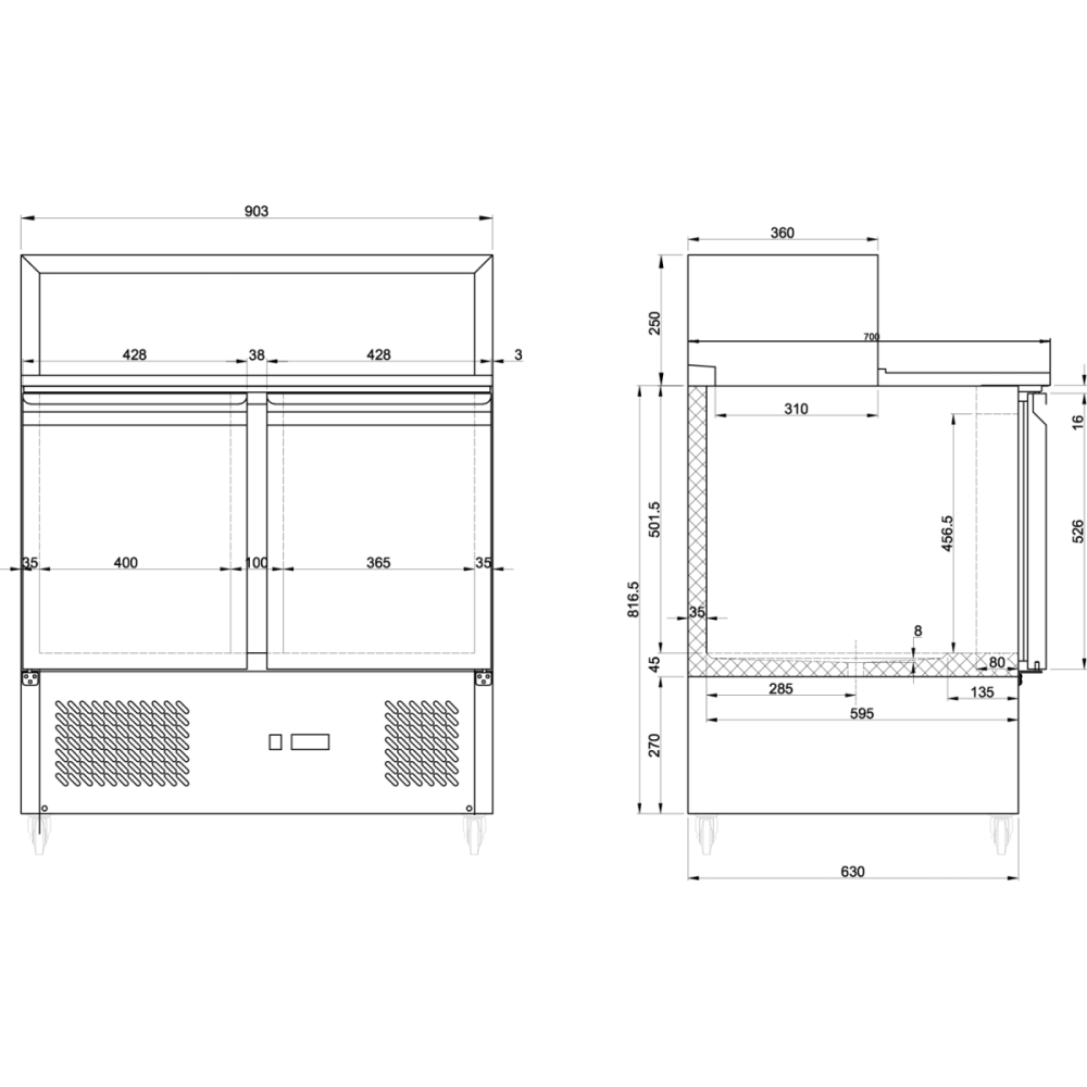 Pizza Prep Table 2 doors Stainless steel Pizza top 5xGN1/6 Depth 700mm | DA-PZ22