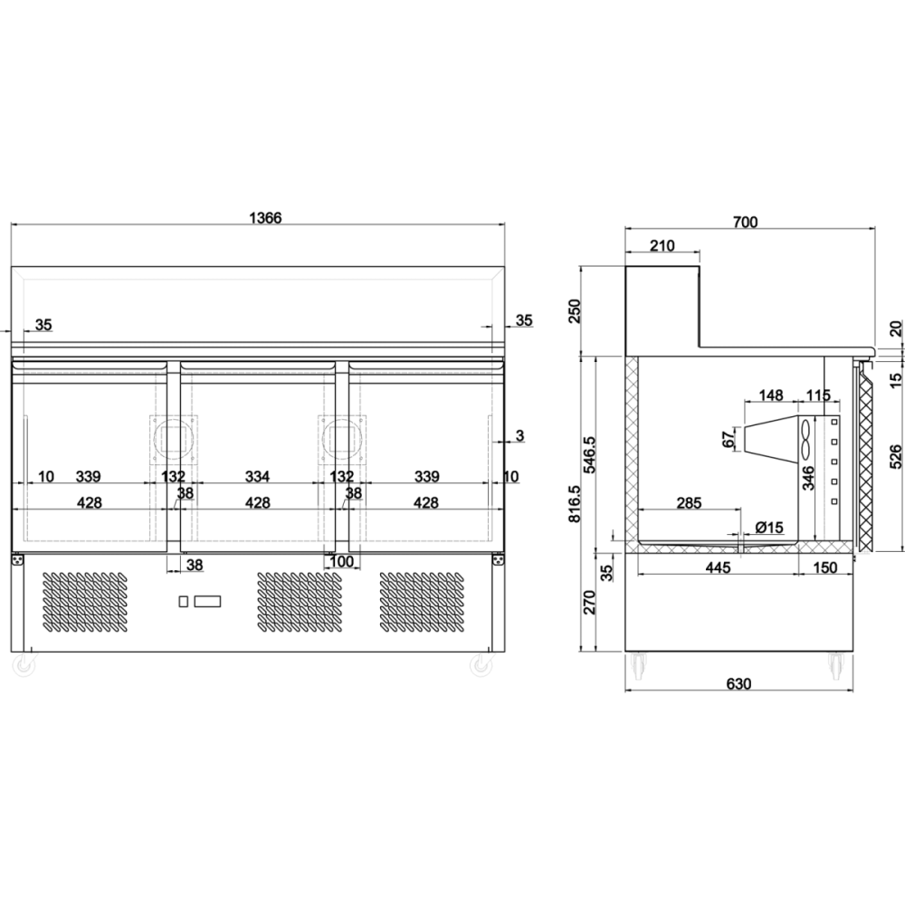 Pizza Prep Table 3 doors Stainless steel Pizza top 8xGN1/6 Depth 700mm | Stalwart DA-PZ33