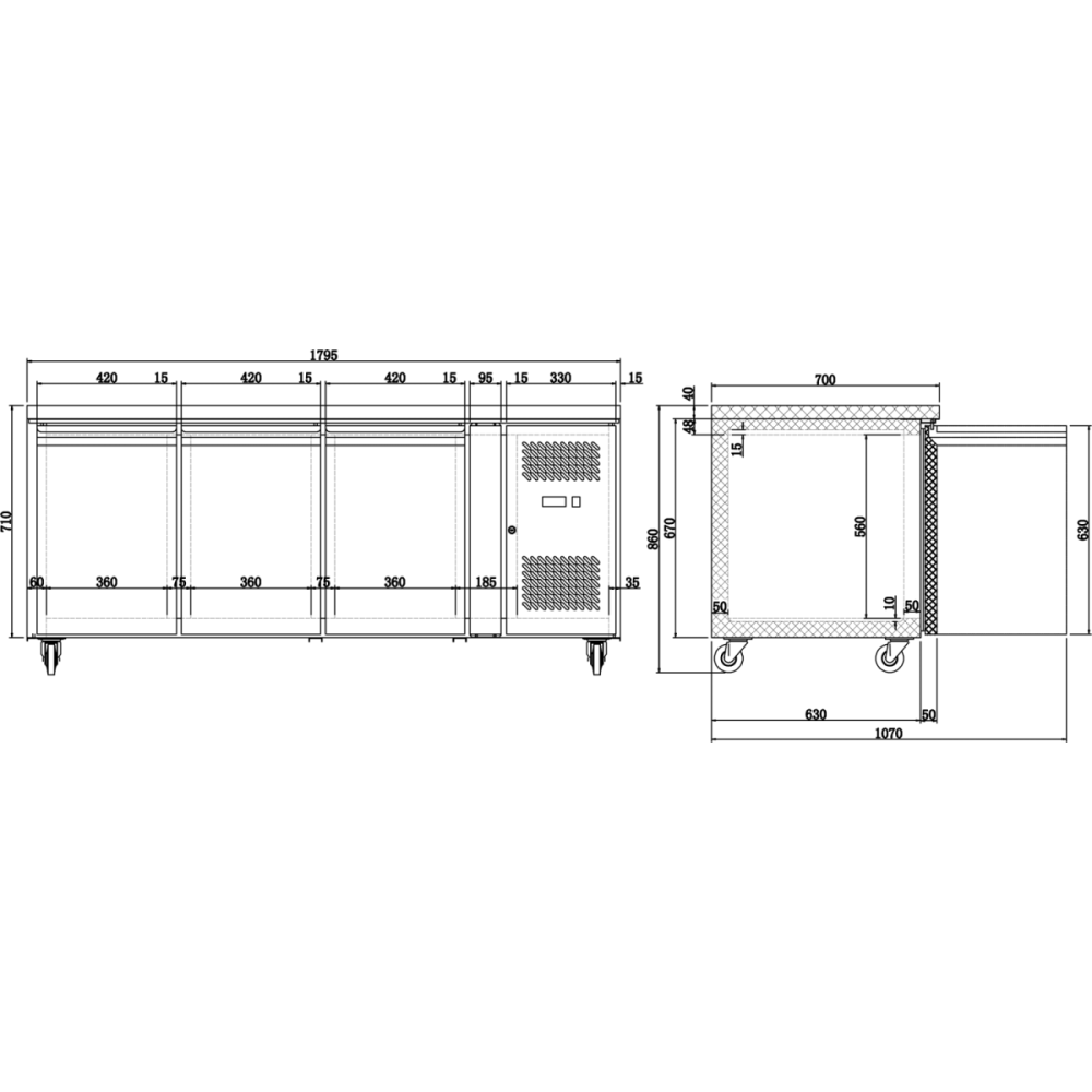 Commercial Freezer counter Ventilated 3 doors Depth 700mm | Stalwart DA-THP3100BT