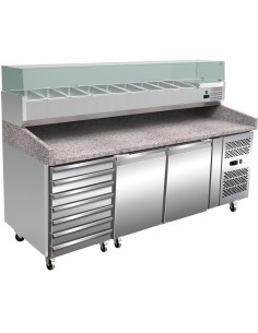 Pizza Prep Counter 2 doors 7 drawers Granite top Refrigerated Counter top Salad 9 x GN1/3 Depth 800mm | Stalwart PZ46+PT36