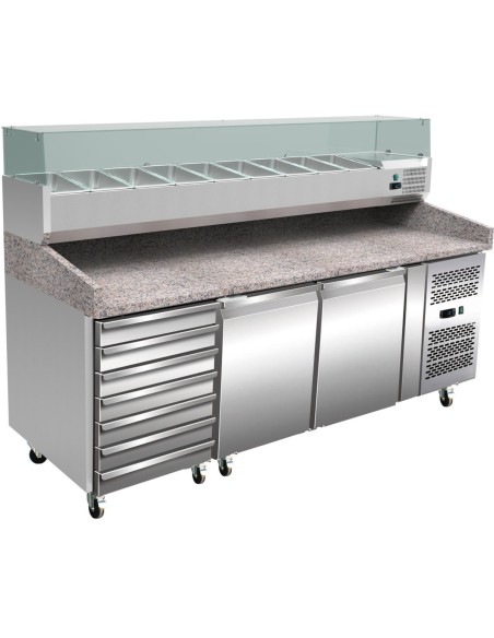 Pizza Prep Counter 2 doors 7 drawers Granite top Refrigerated Counter top Salad 9 x GN1/3 Depth 800mm | Stalwart PZ46+PT36