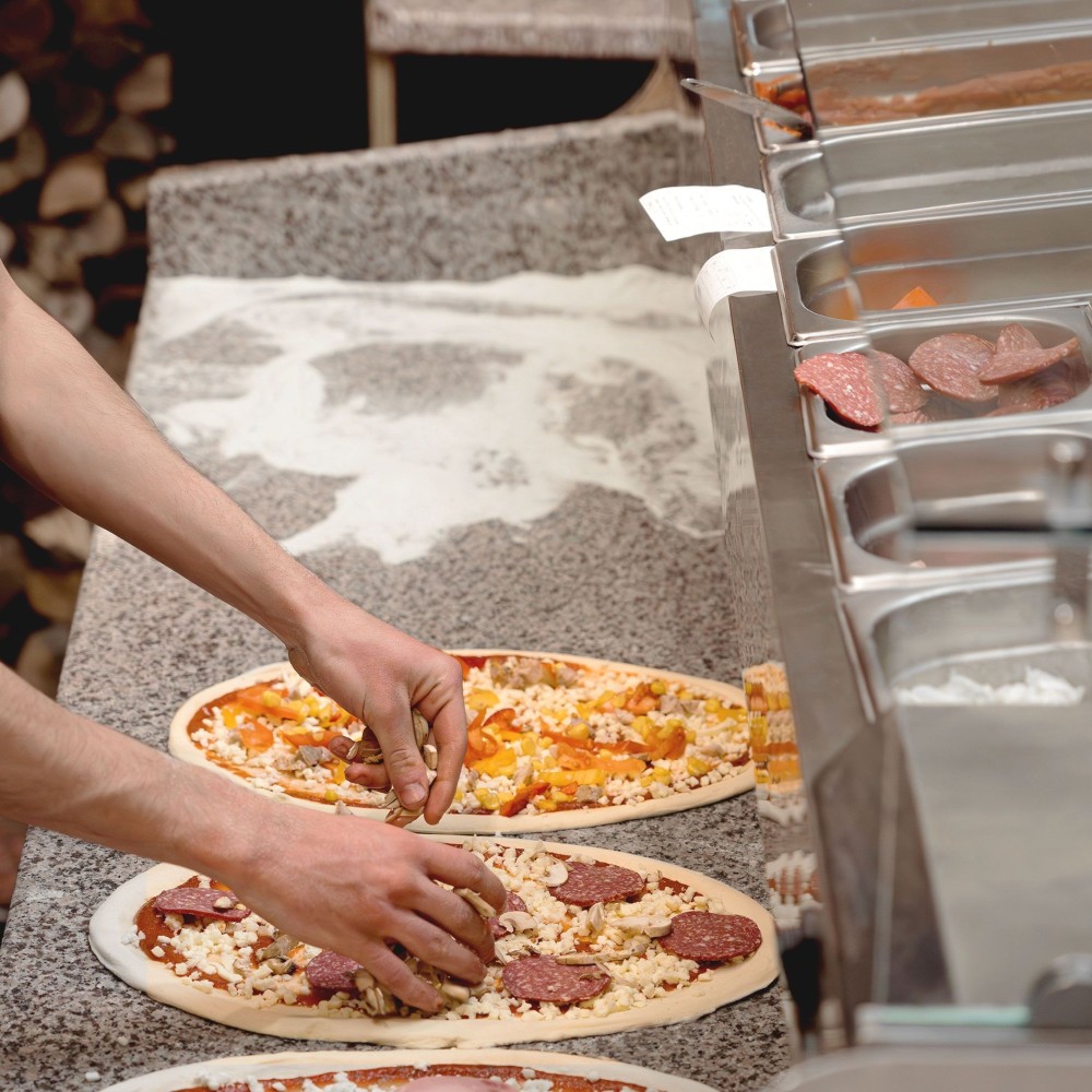 Pizza Prep Counter 2 doors 7 drawers Granite top Refrigerated Counter top Salad 9 x GN1/3 Depth 800mm | Stalwart PZ46+PT36