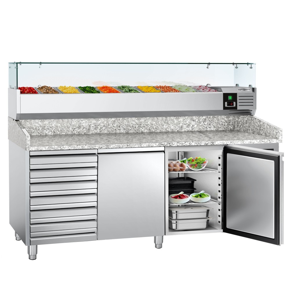 Pizza Prep Counter 2 doors 7 drawers Granite top Refrigerated Counter top Salad 9 x GN1/3 Depth 800mm | Stalwart PZ46+PT36