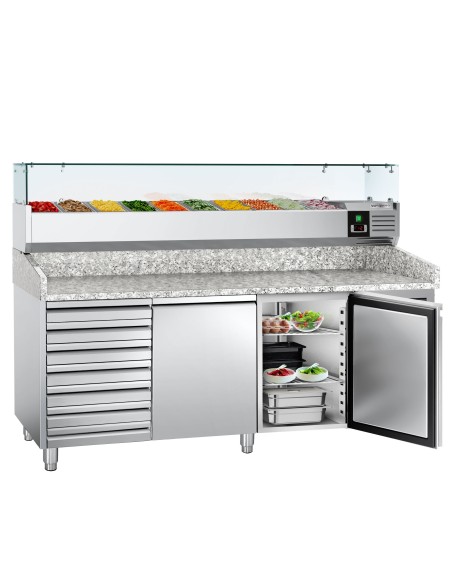 Pizza Prep Counter 2 doors 7 drawers Granite top Refrigerated Counter top Salad 9 x GN1/3 Depth 800mm | Stalwart PZ46+PT36