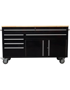 Heavy Duty Steel Rolling Tool Chest Wooden Worktop 6 Drawers 1 Double-Door Side Cabinet Black | Stalwart DA-602038A BLACK