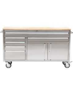 Heavy Duty Steel Rolling Tool Chest with Wooden Worktop 6 Drawers 1 Double-Door Side Cabinet 1674x489x907mm Stainless Steel | St