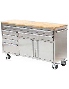 Heavy Duty Steel Rolling Tool Chest with Wooden Worktop 6 Drawers 1 Double-Door Side Cabinet 1674x489x907mm Stainless Steel | St 2