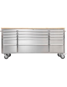 Heavy Duty Steel Rolling Tool Chest with Wooden Worktop 15 Drawers 1978x485x908mm Stainless Steel | Stalwart DA-722038ASILVER