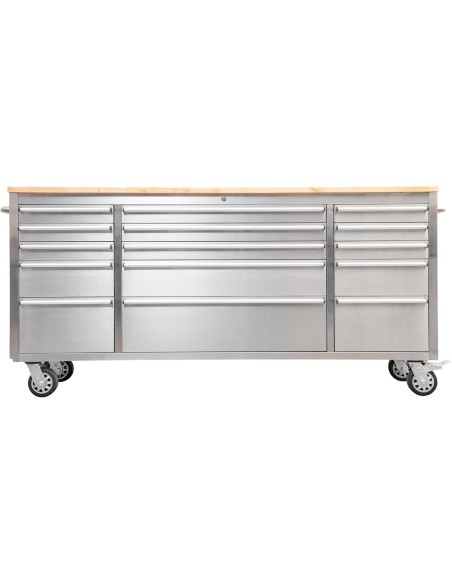 Heavy Duty Steel Rolling Tool Chest with Wooden Worktop 15 Drawers 1978x485x908mm Stainless Steel | Stalwart DA-722038ASILVER