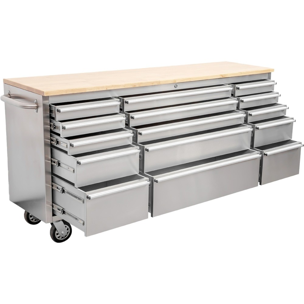 Heavy Duty Steel Rolling Tool Chest with Wooden Worktop 15 Drawers 1978x485x908mm Stainless Steel | Stalwart DA-722038ASILVER
