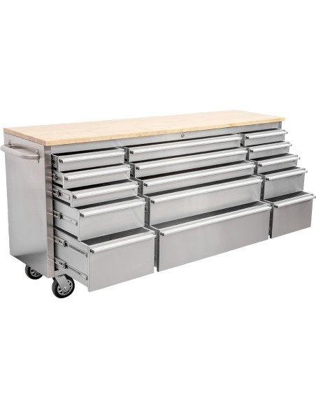 Heavy Duty Steel Rolling Tool Chest with Wooden Worktop 15 Drawers 1978x485x908mm Stainless Steel | Stalwart DA-722038ASILVER