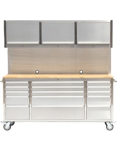 Heavy Duty Steel Rolling Tool Chest with Wooden Worktop 15 Drawers 3 Overhead Cabinets 1978x510x1828mm Stainless Steel | Stalwar