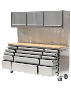 Heavy Duty Steel Rolling Tool Chest with Wooden Worktop 15 Drawers 3 Overhead Cabinets 1978x510x1828mm Stainless Steel | Stalwar 2