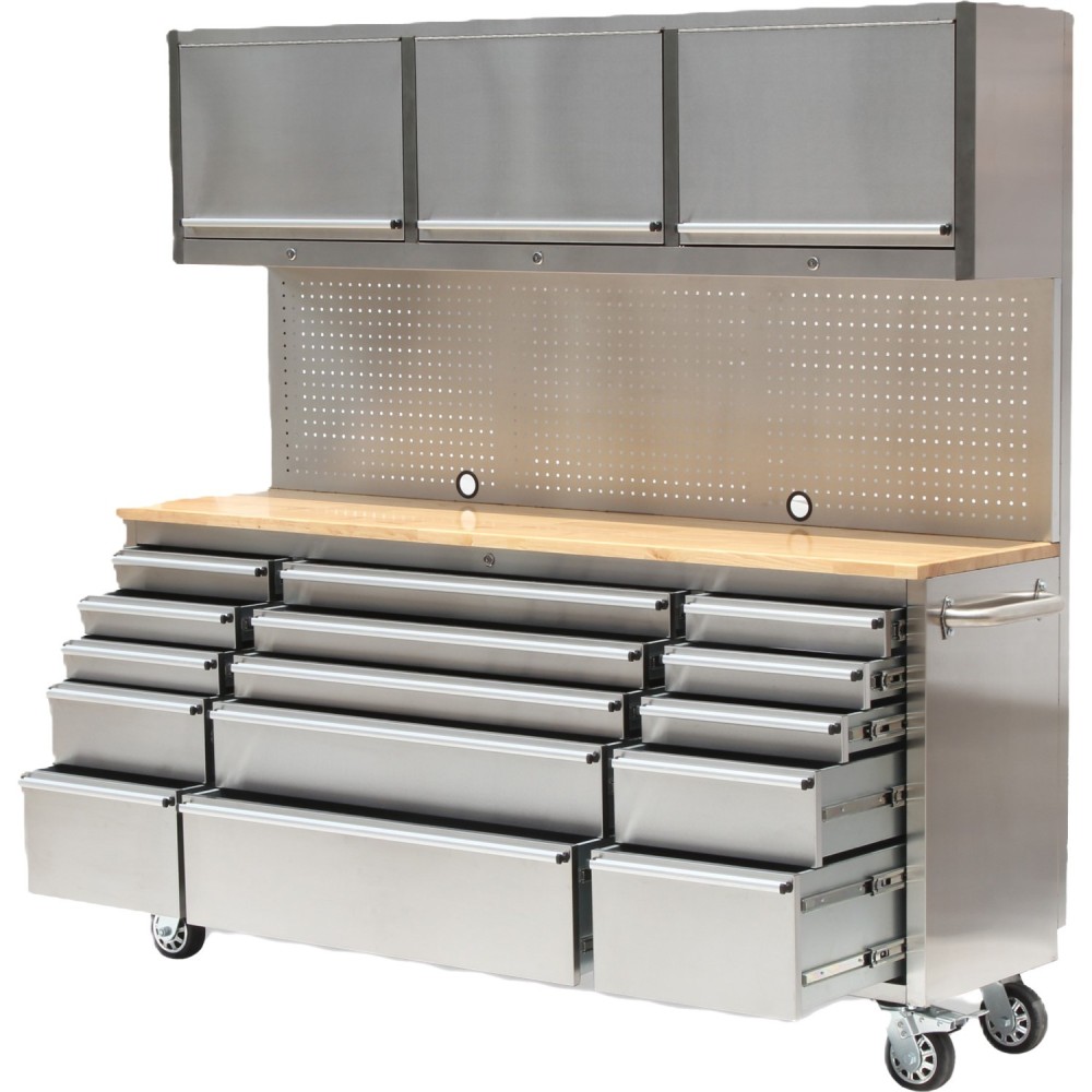 Heavy Duty Steel Rolling Tool Chest with Wooden Worktop 15 Drawers 3 Overhead Cabinets 1978x510x1828mm Stainless Steel | Stalwar