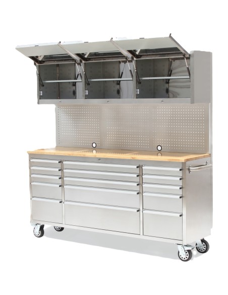 Heavy Duty Steel Rolling Tool Chest with Wooden Worktop 15 Drawers 3 Overhead Cabinets 1978x510x1828mm Stainless Steel | Stalwar