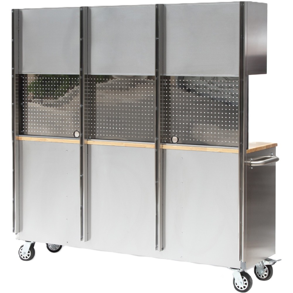 Heavy Duty Steel Rolling Tool Chest with Wooden Worktop 15 Drawers 3 Overhead Cabinets 1978x510x1828mm Stainless Steel | Stalwar