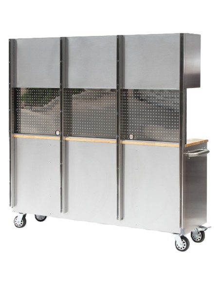 Heavy Duty Steel Rolling Tool Chest with Wooden Worktop 15 Drawers 3 Overhead Cabinets 1978x510x1828mm Stainless Steel | Stalwar