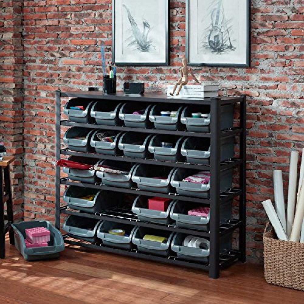 Professional Heavy Duty 5-Tier Bin Rack with 22 Plastic Storage Bins 1120x390x1010mm | Stalwart DA-SBRHD2250
