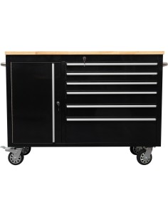 Heavy Duty Steel Rolling Tool Chest with Wooden Worktop 6 Drawers 1 Side Cabinet 1355x482x880mm Black | Stalwart DA-482038ABLACK