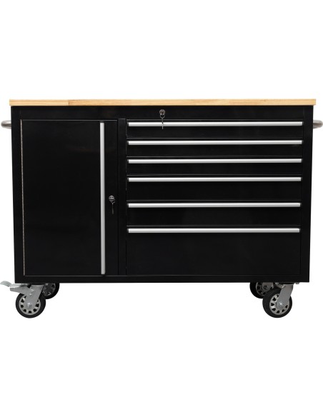 Heavy Duty Steel Rolling Tool Chest with Wooden Worktop 6 Drawers 1 Side Cabinet 1355x482x880mm Black | Stalwart DA-482038ABLACK