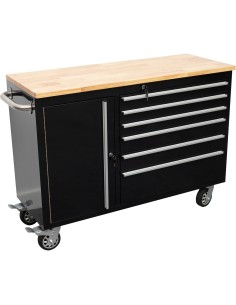 Heavy Duty Steel Rolling Tool Chest with Wooden Worktop 6 Drawers 1 Side Cabinet 1355x482x880mm Black | Stalwart DA-482038ABLACK 2