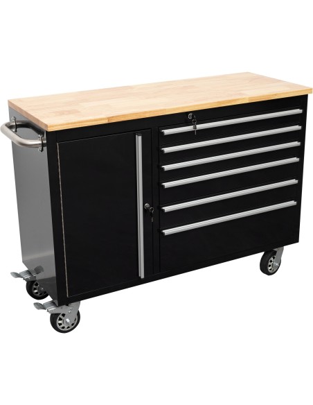 Heavy Duty Steel Rolling Tool Chest with Wooden Worktop 6 Drawers 1 Side Cabinet 1355x482x880mm Black | Stalwart DA-482038ABLACK