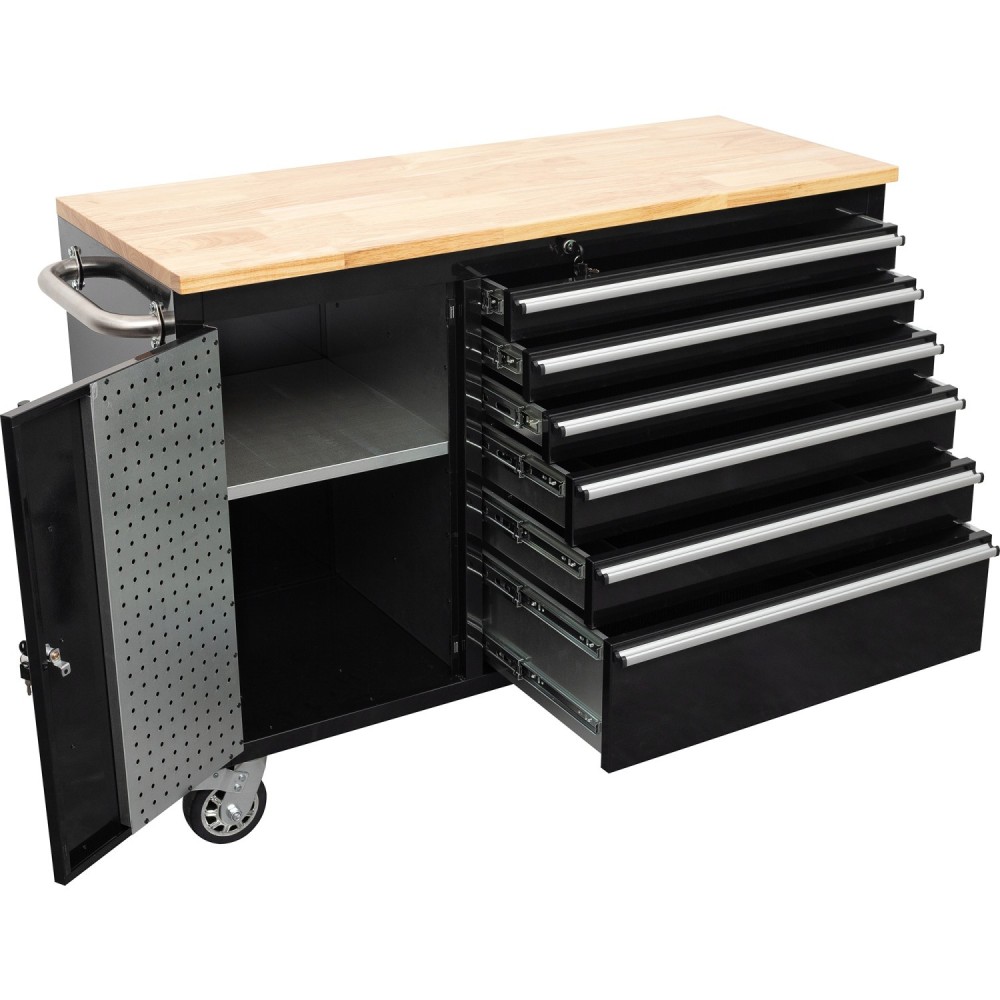 Heavy Duty Steel Rolling Tool Chest with Wooden Worktop 6 Drawers 1 Side Cabinet 1355x482x880mm Black | Stalwart DA-482038ABLACK