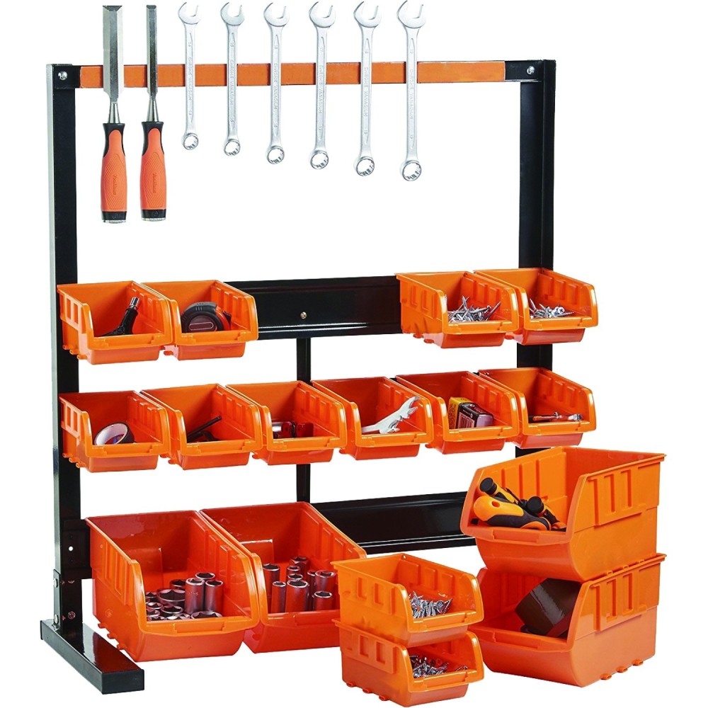 Professional 3 Tier Steel Floor Standing Storage Bin Rack with Magnetic Tool Holder and 16 Removable Bins 660x310x640mm | Stalwa
