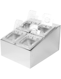 Commercial Condiment Holder including 4xGN1/6-100mm pans & fliptop lids | Stalwart DA-CHD04BPCFL