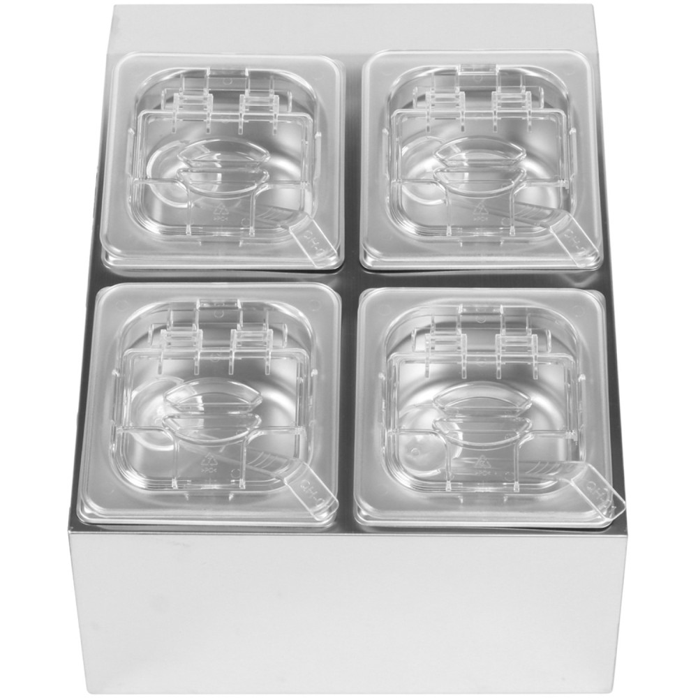 Commercial Condiment Holder including 4xGN1/6-100mm pans & fliptop lids | Stalwart DA-CHD04BPCFL