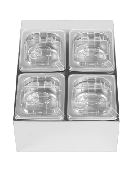 Commercial Condiment Holder including 4xGN1/6-100mm pans & fliptop lids | Stalwart DA-CHD04BPCFL