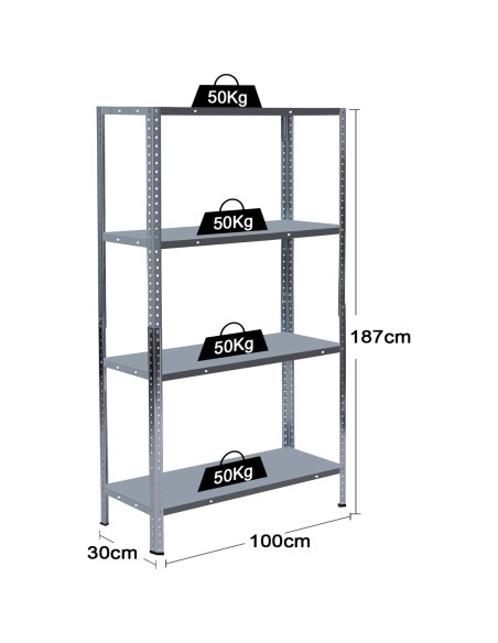 Galvanized Steel Shelving Unit 4-Tier 200kg Capacity (50kg per shelf) 1000x300x1870mm | Stalwart DA-KFT52S