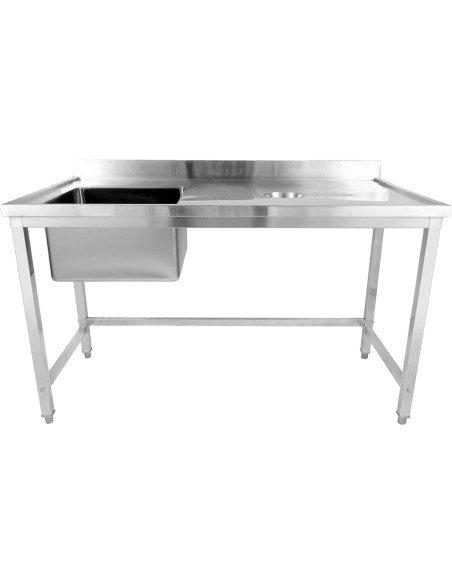 Commercial Stainless Steel Single Sink with Left Bowl & Right Scrapping Hole + Splashback 1400x700x950mm | Stwalwart DA-WHSTD