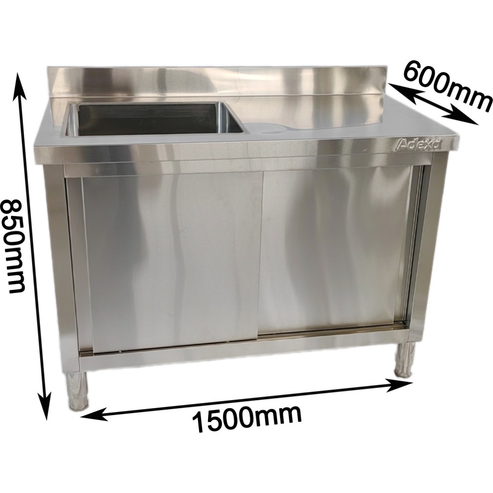 Commercial Stainless Steel Sink with Cupboard & Splashback 1 Bowl Left Side 1500x600x850mm | Stalwart DA-QNH1006