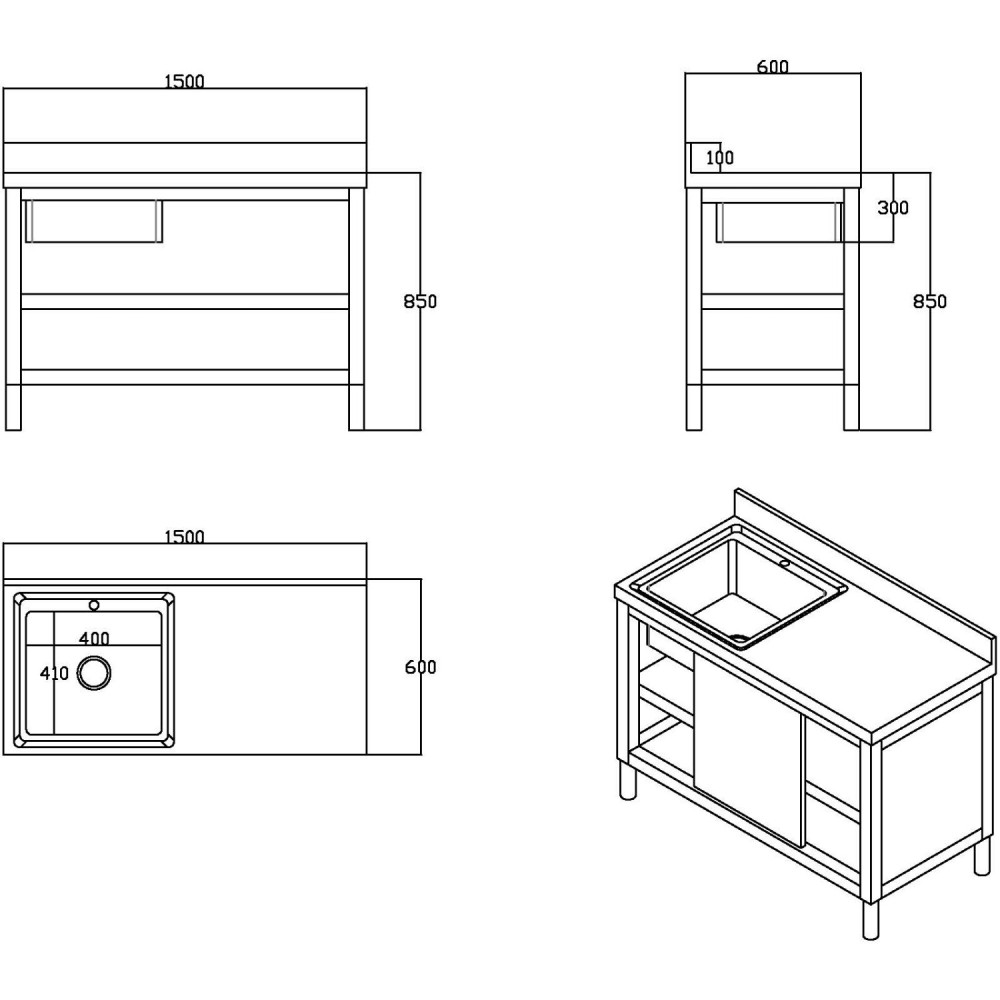 Commercial Stainless Steel Sink with Cupboard & Splashback 1 Bowl Left Side 1500x600x850mm | Stalwart DA-QNH1006