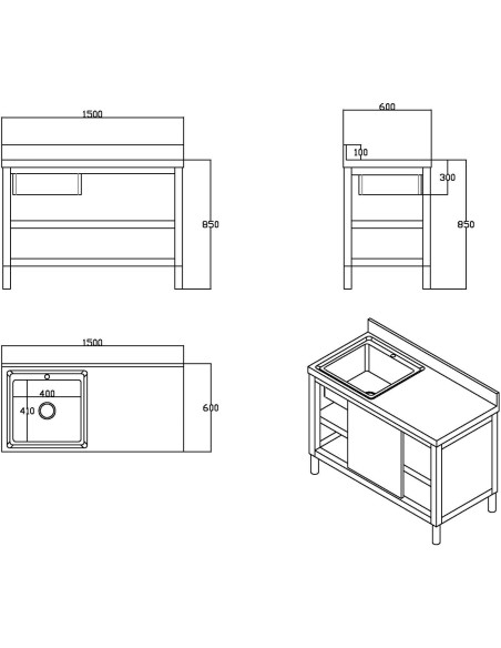 Commercial Stainless Steel Sink with Cupboard & Splashback 1 Bowl Left Side 1500x600x850mm | Stalwart DA-QNH1006