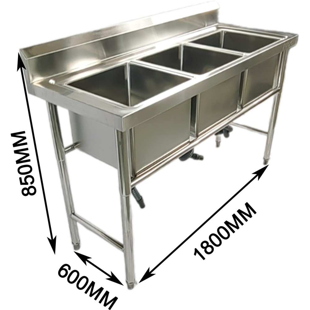 Commercial Stainless Steel Triple Sink with Splashback and Stand 1800x600x850mm | Stalwart DA-QNH704